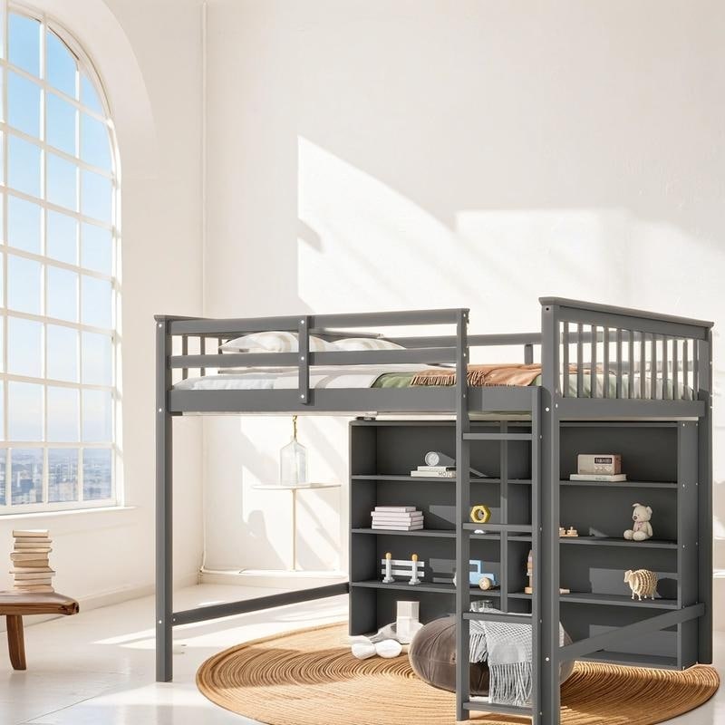Space Saving Design Full Size Loft Bed with 8 Open Storage Shelves and
