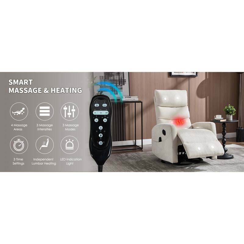 Roomfitters Manual Swivel Rocker Recliner Chair with Heat and Massage Fabric Glider Lounge Sofa for Living Room