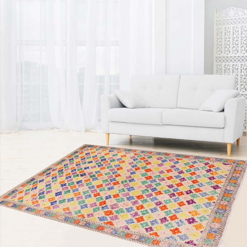 Contemporary Balochi Dejesus Beige/Gray Hand Knotted Wool Rug - 5'5'' x 7'9''