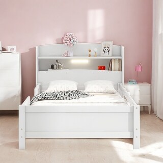 Classic Twin Size Platform Kids Bed Frame with LED Light, Multi-functional Storage Headboard and Safety Guardrail, White