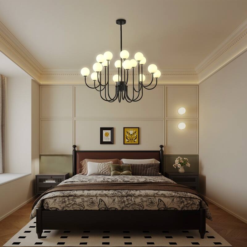 Sputnik Chandelier 16 Lights Black Mid Century Modern Ceiling Pendant Light with Glass Globe Shades - 36.6 in