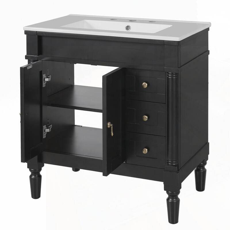 Solid Wood Frame Bathroom Vanity with Ceramic Sink