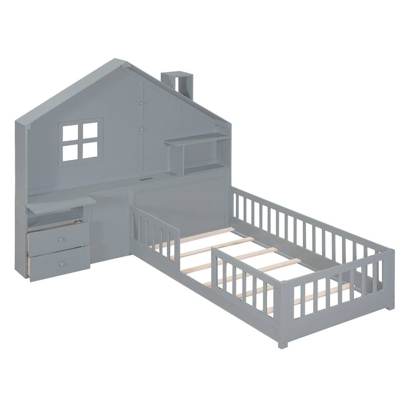 Twin Wooden House Platform Bed with Roof, Drawers, Shelves, and USB Port