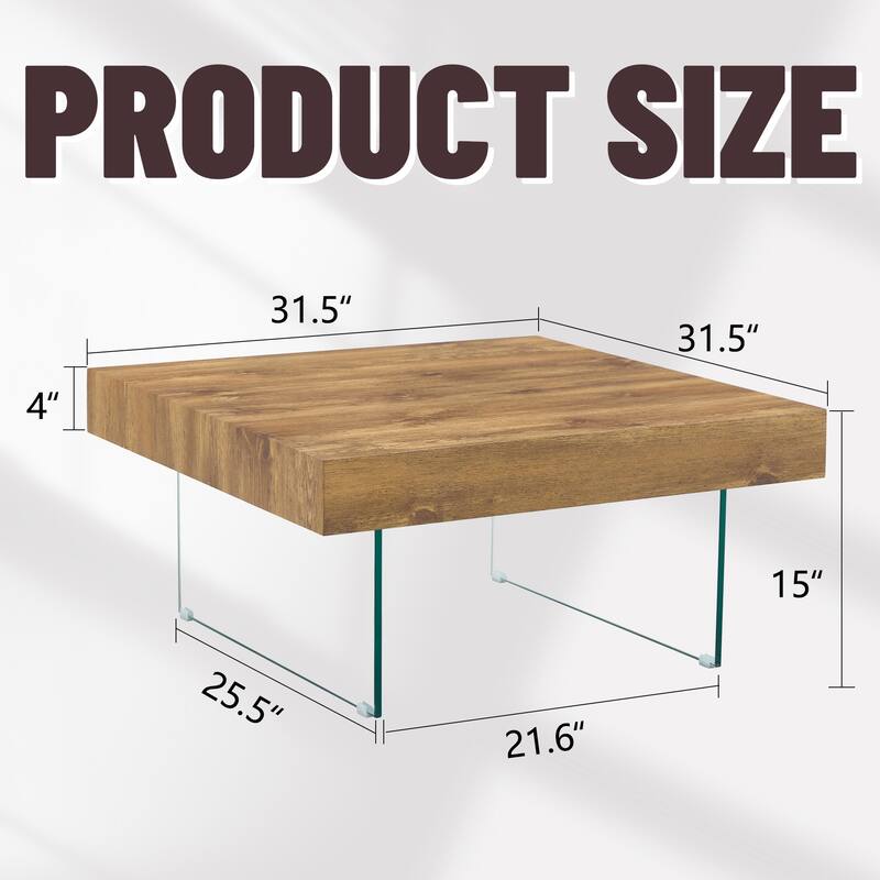 Square MDF Coffee Table - 31.5"x31.5" with Tempered Glass Legs.Density Board Sticker,Reinforced Glass Legs