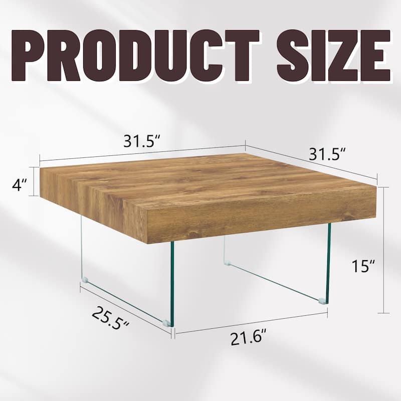 Walnut Colored Square Mdf Coffee Table - 31.5"X31.5"With Tempered Glass Legs.Density Board Sticker,Reinforced Glass Legs
