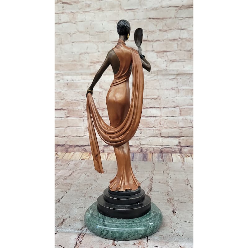 J. Erte Art Deco Bronze Lady With Mask – Elegant Figurine In Flowing Dress On Marble Base