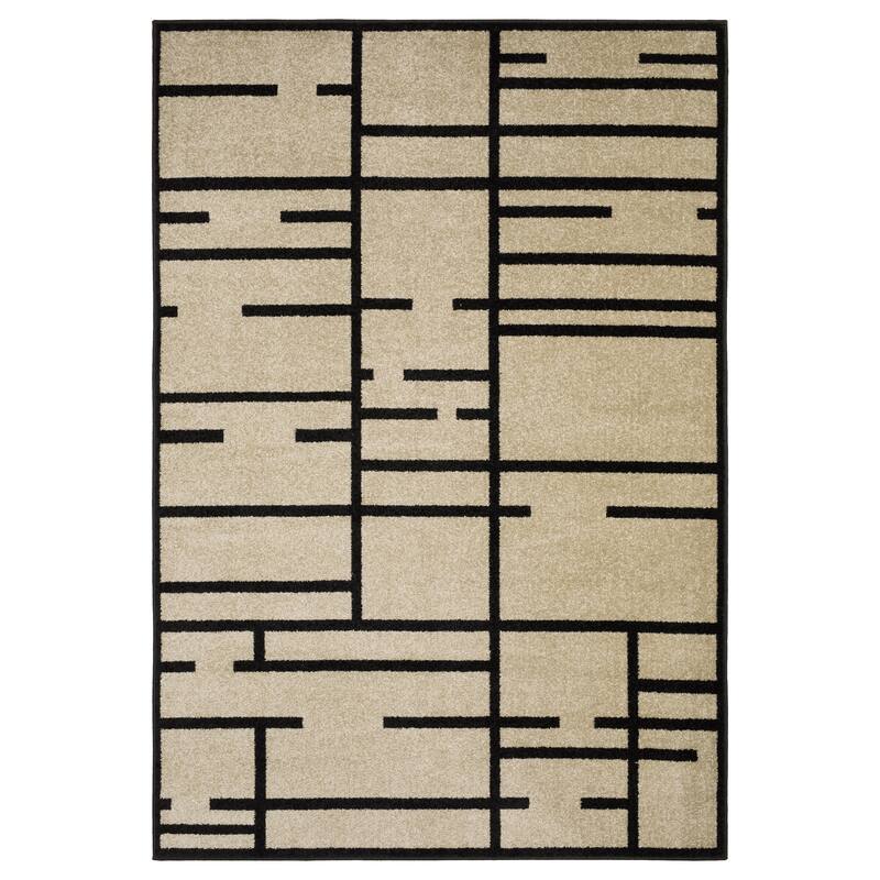 Quartz Geo Blocks and Line Beige/ Black Area Rug - 2' x 7'