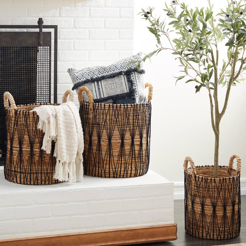 Banana Leaf Handmade String Detail Decorative and Functional Storage Basket with Handles - Set of 3 Brown - Roche River Decor