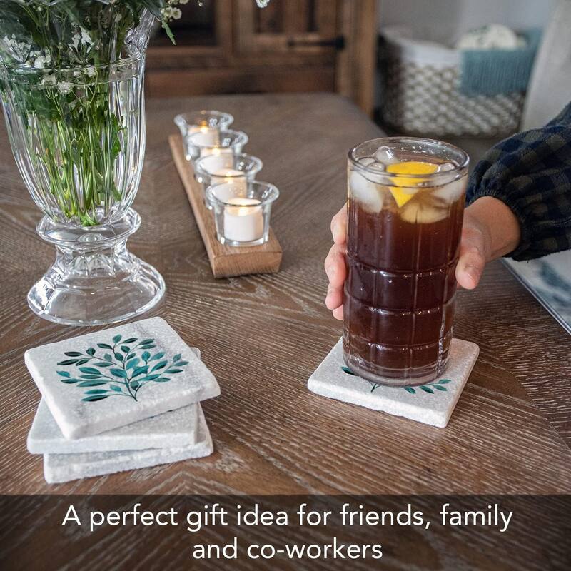 Leaves in Teal 4 Pack Natural Marble Cork Backed Coasters 4" x 4" x 0.43" Square Manufactured in The USA