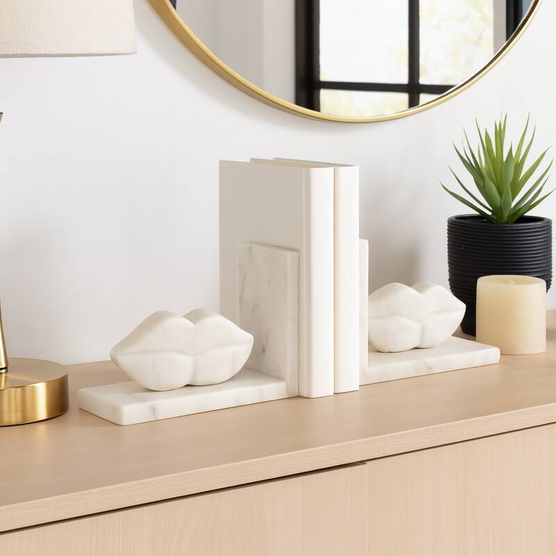 Modern Marble Lips on Base Decorative Bookends - Set of 2, 6", White - 6.0"