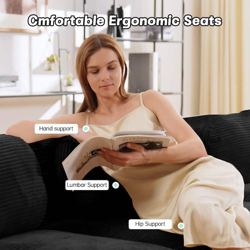 Anmytek 82 Inch Black Corduroy Modular Loveseat Sofa with Curved Arms and High Resilience Sponge