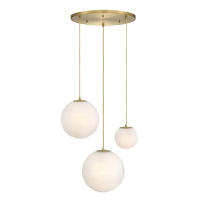 Pixie 3-Light Brushed Gold Modern Globe Chandelier for Entryways with Mixed-Size Etched Cloud Glass Shades - 28.75