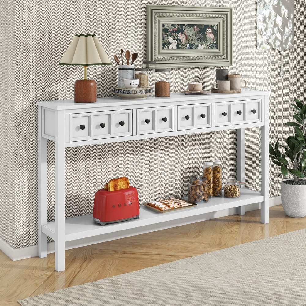 Entryway Console Table with 2 Different Size Drawers, 60" Long Solid Wood Sofa Table, Bottom Shelf and Wide Desktop