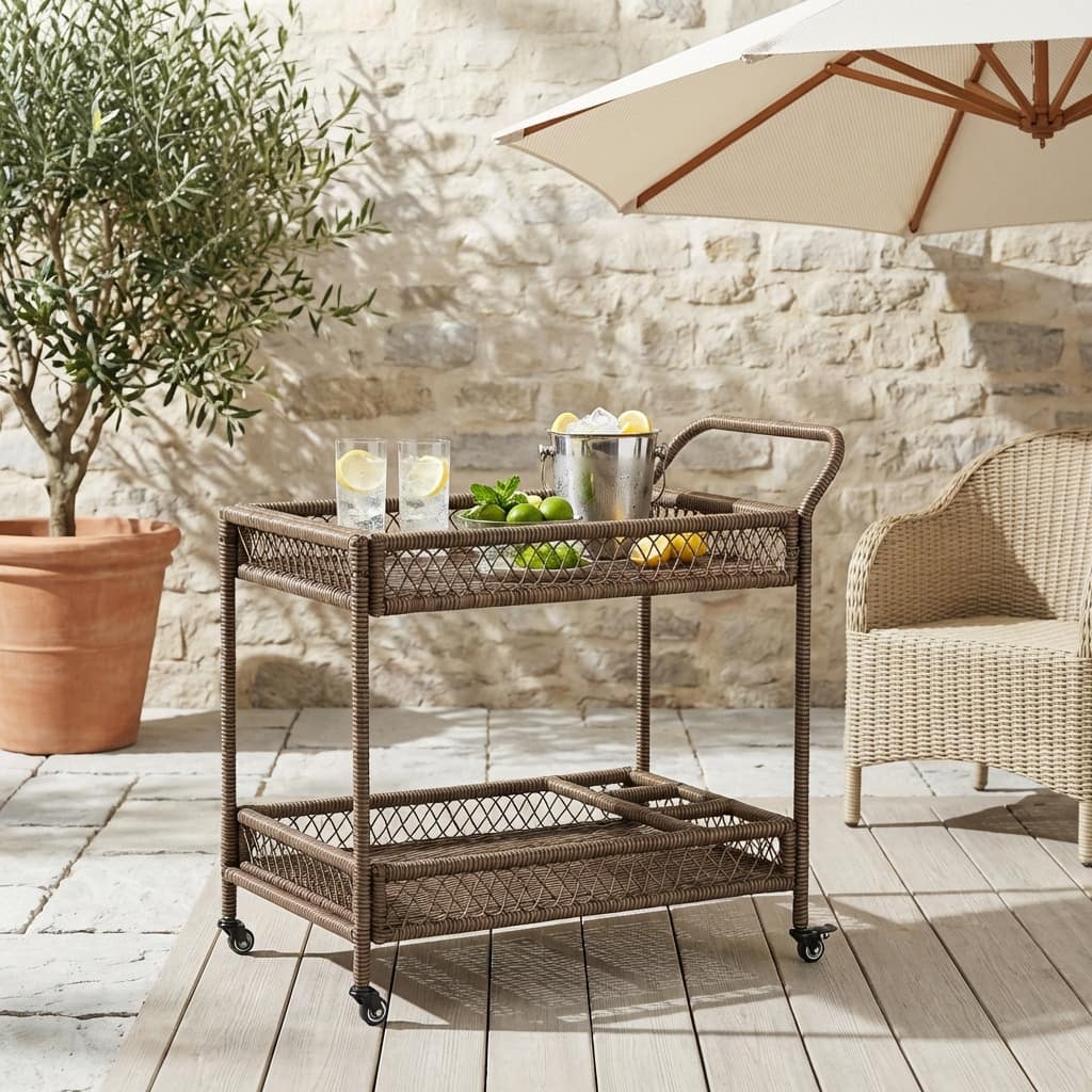 Christopher Knight Home - Boho All-Weather Wicker Rolling Outdoor Bar Cart with Bottle Rack and Locking Casters