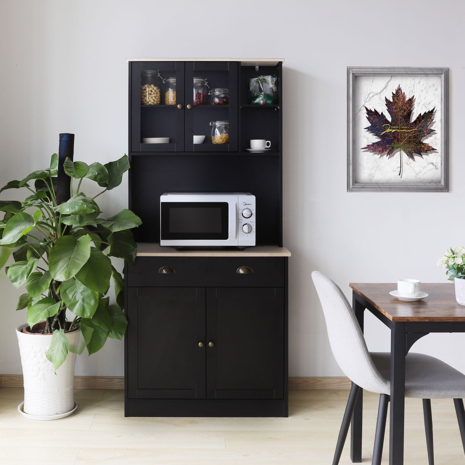 Black microwave outlet stand with hutch