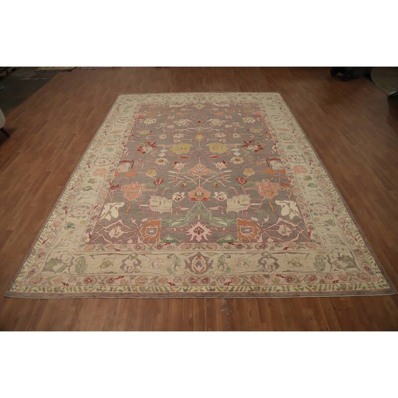 Hand Knotted Oriental 100% Wool Carpet Transitional All-Over Greys & Charcoal Oushak Area Rug - 13' 11'' X 10' 6''