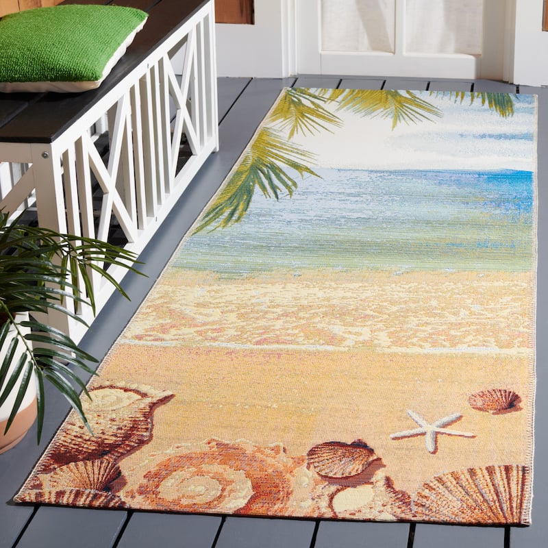 SAFAVIEH Barbados Sibilla Tropical Indoor/ Outdoor Waterproof Patio Backyard Rug - Gold/Blue - 2'8" x 10'5" Runner