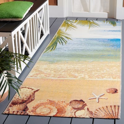 SAFAVIEH Barbados Sibilla Tropical Indoor/ Outdoor Waterproof Patio Backyard Rug - Gold/Blue - 2'8" x 10'5" Runner
