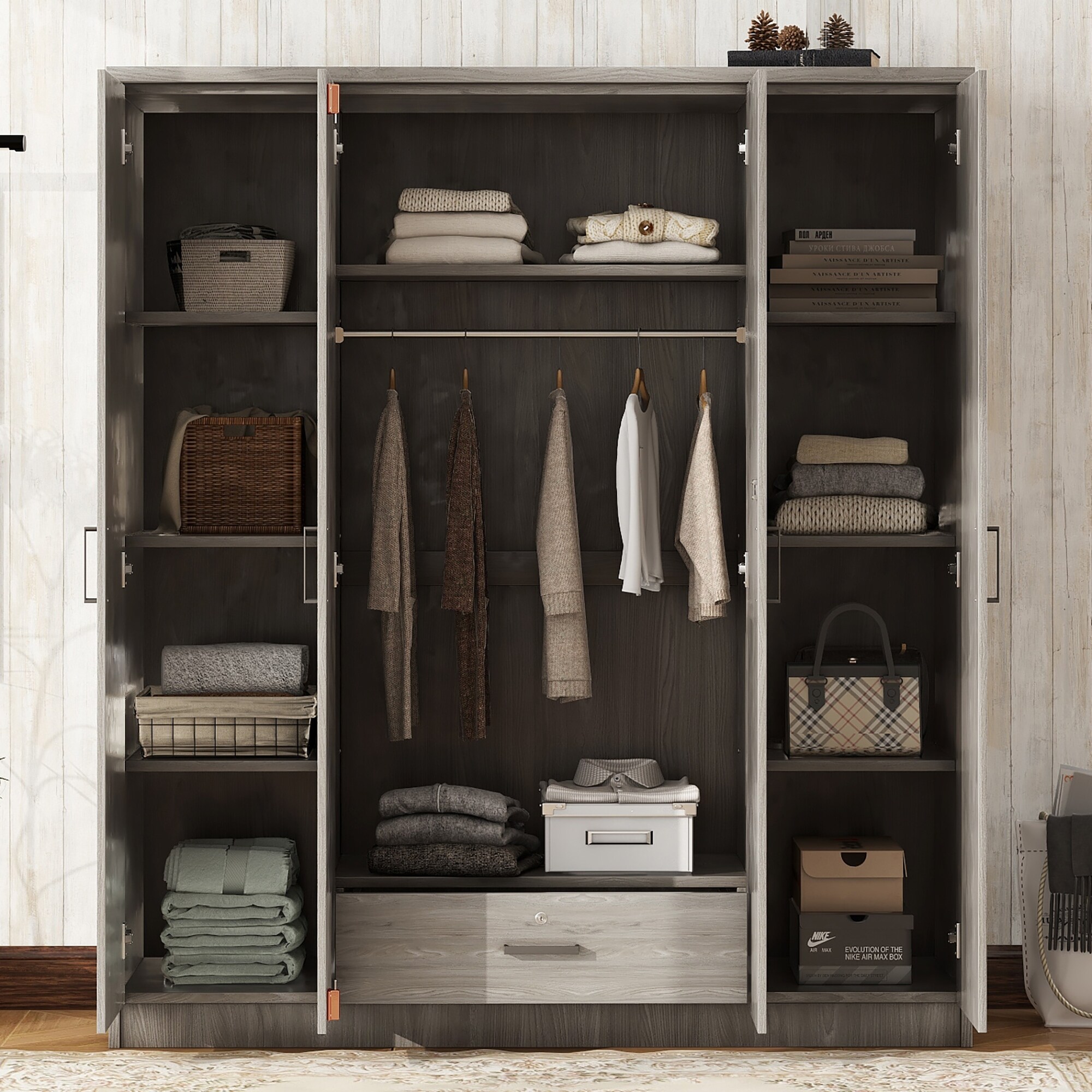 4-Door Wardrobe, Wood Free-Standing Cabinet Closet with Shelves