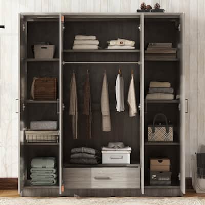 Bedroom 4-Door Wardrobe Armoire with Shelves and Hanging Rail Closet Clothes Storage Cabinet