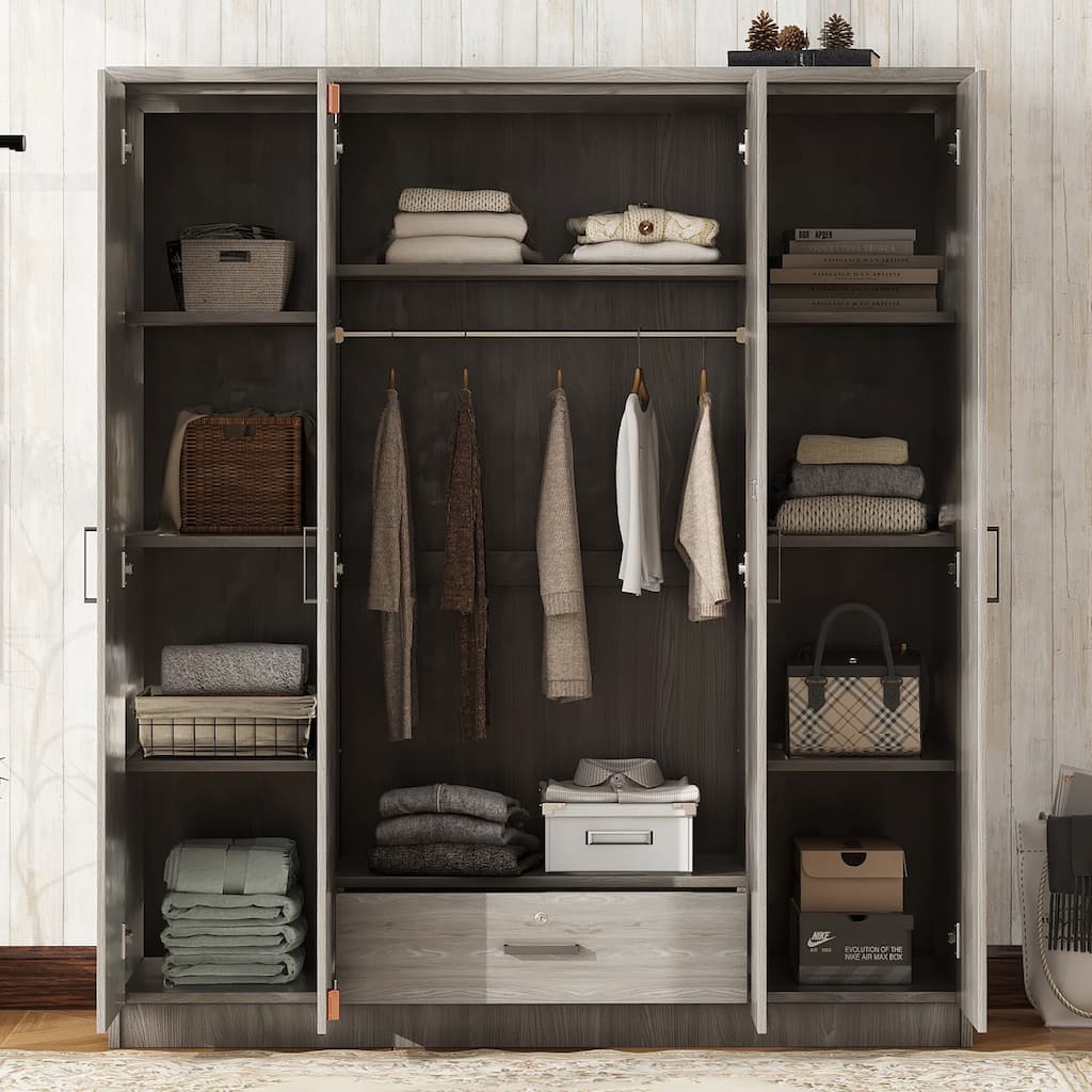 Grey Floor Wardrobe Armoire Cabinet with Folding and Hanging Areas