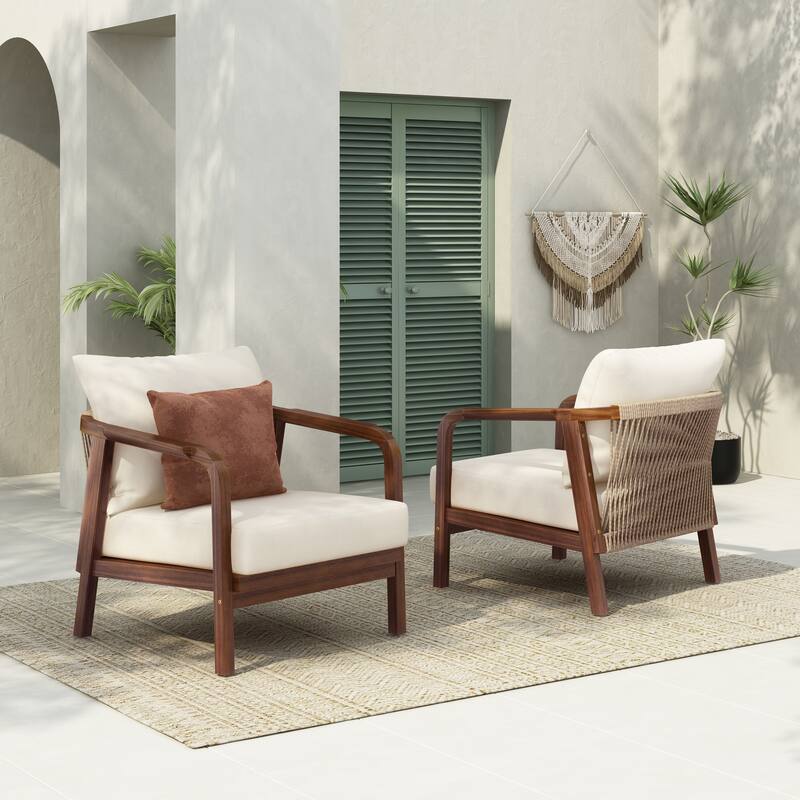 [Set of 2] 28" Outdoor Lounge Chair with Woven Backrest, Solid Wood Frame, Comfortable Cushions, and Curved Armrests