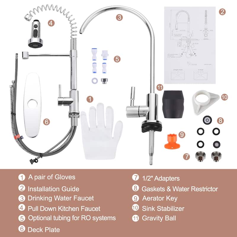 WOWOW Three Function Pull Down Kitchen Faucet with Drinking Water Faucet