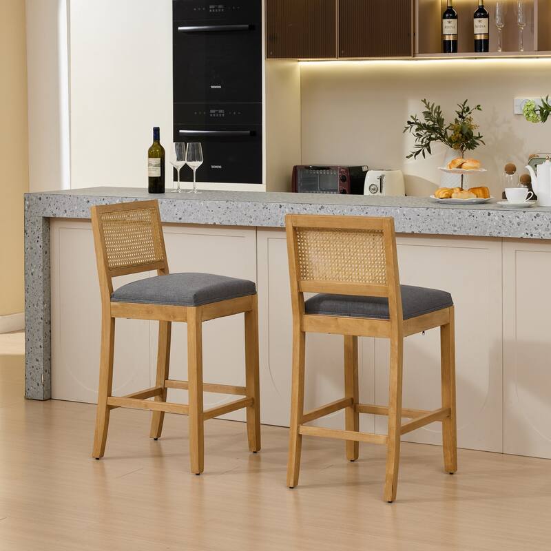 Full Solid Wood Rattan-Back Bar Stool, Matte Linen Cushion with High-Resilience Foam & S-Springs,Set of 2 - Gray