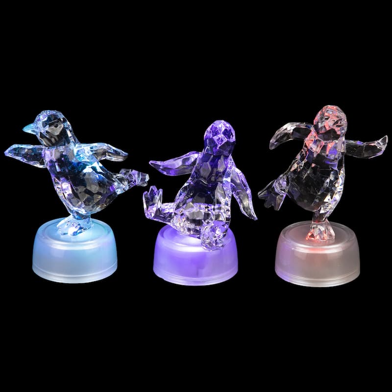 LED Color Changing Penguin Acrylic Christmas Decorations 4" Set of 3
