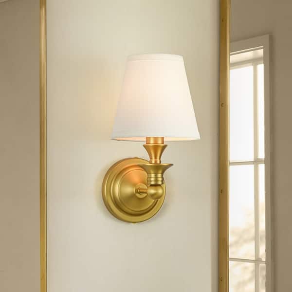 slide 2 of 24, Rennnsan 1-Light Farmhouse Black/Gold Iron Wall Sconce with White Fabric Shade 1 Light - Gold