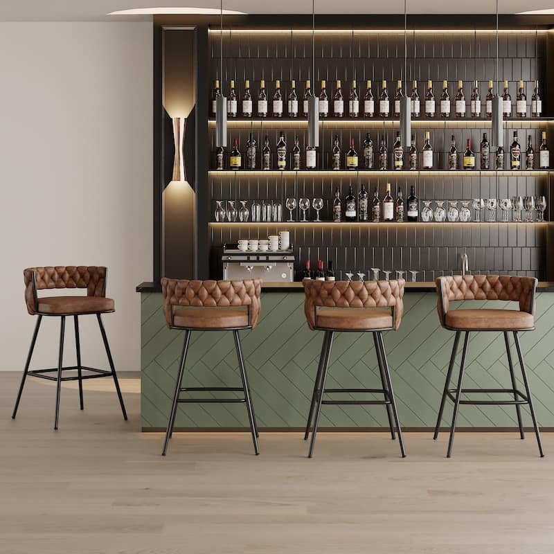 VECELO Counter Height Bar Stools with Woven Backrest 26.77" Seat Height Mid-Century Modern Upholstered Bar Chairs for Kitchen - Brown - Set of 4