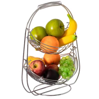 2 Tier Metal Fruit Holder Swing Basket for Kitchen Detachable Countertop Vegetables Storage Organizer with Display Hammock Stand