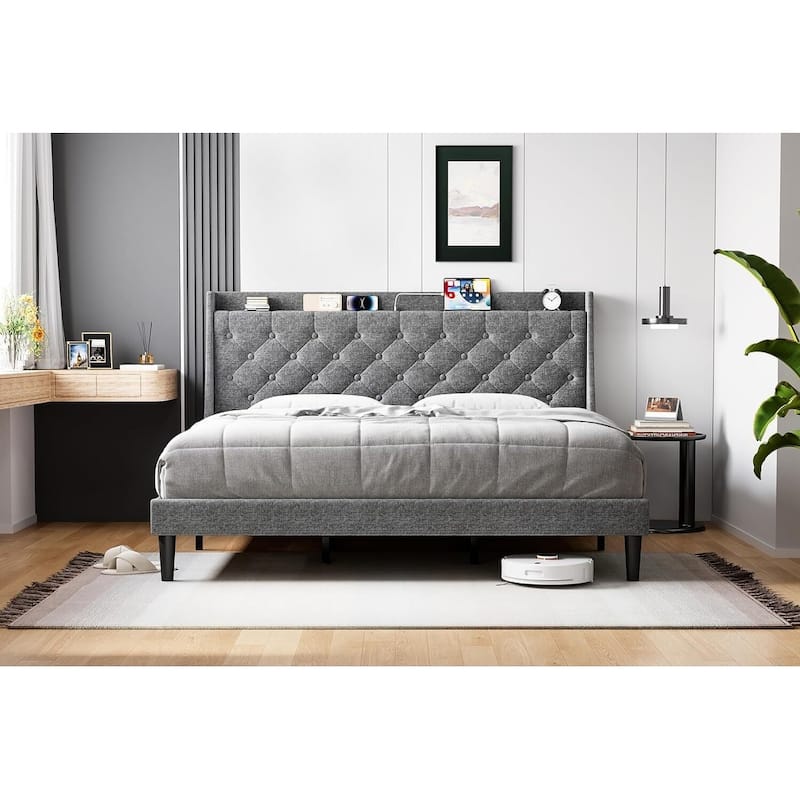 Bed Frame with Upholstered Wingback Headboard - Grey - King