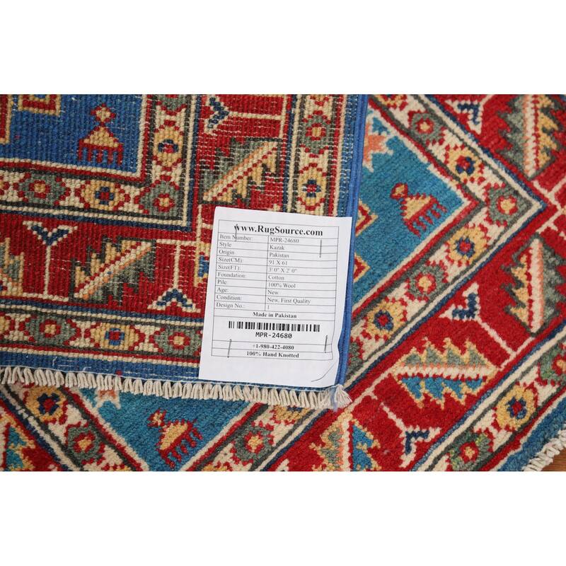Geometric Kazak Oriental Foyer Rug Handmade Blue Wool Carpet - 2'0"x 3'0"