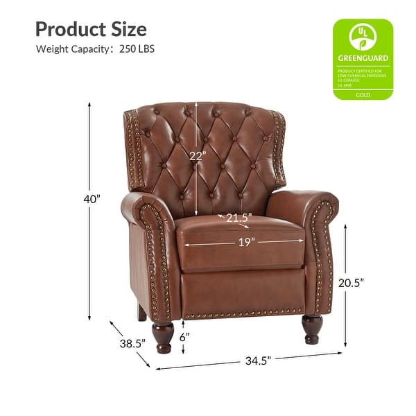 dimension image slide 2 of 7, Justine Transitional Genuine Leather Tufted Back Manual Recliner with Nailhead Trim and Rolled Arms by HULALA HOME
