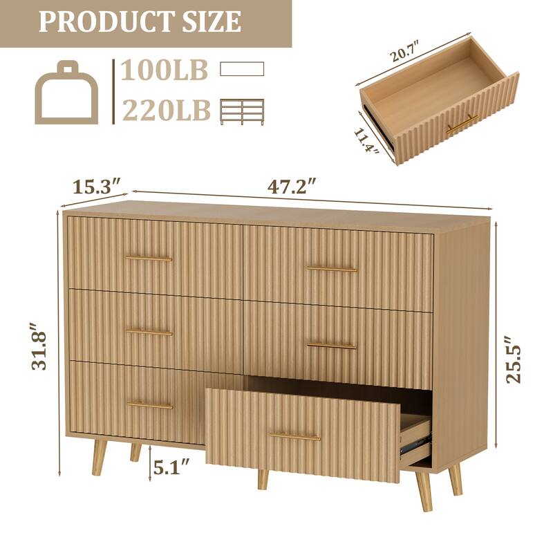 Modern Vertical Stripe 6-Drawer Dresser Multipurpose Storage