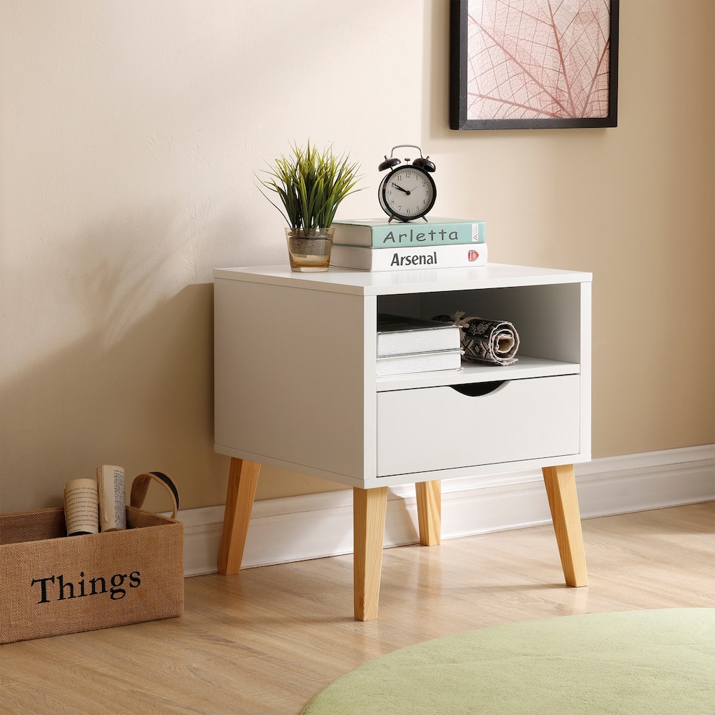 Farmhouse White Solid Wood Nightstand, End Table with 1 Drawer and 1 Storage Shelf - 19" L x 19" W x 22" H