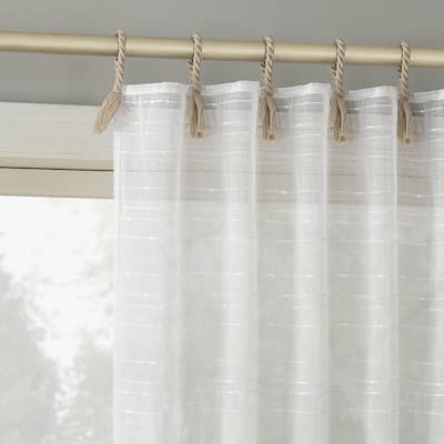 No. 918 Noemi Slub Stripe Rope Tab Semi-Sheer Tie Top Curtain Panel, Single Panel