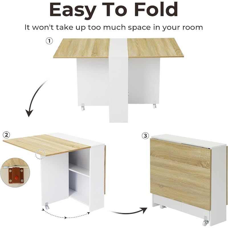 Folding Dining Table with 6 Wheels Drop Leaf Tables