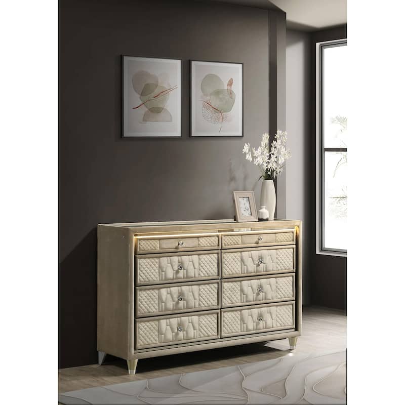 Lorient 8-Drawer LED Dresser with Mirror Ivory and Camel