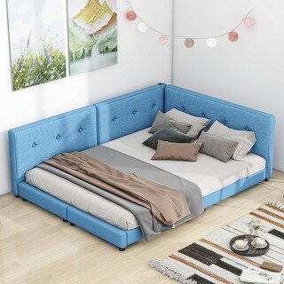 Queen Size Upholstered Platform Bed with USB Ports, Sturdy Wood Frame, Blue