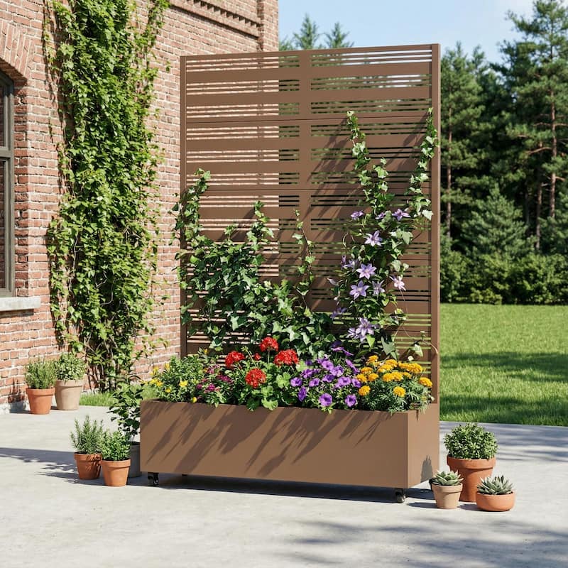 Outdoor Metal Galvanized Privacy Screen Planter Box with Trellis Lockable Wheels