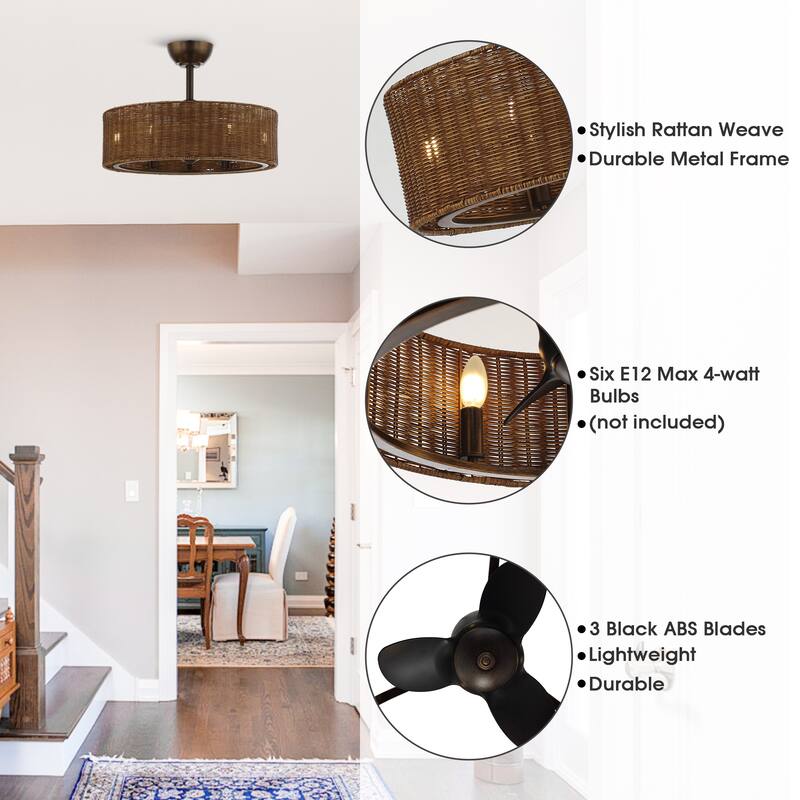 24" Rustic Rattan 6-Speed Caged Ceiling Fan Chandelier with Remote