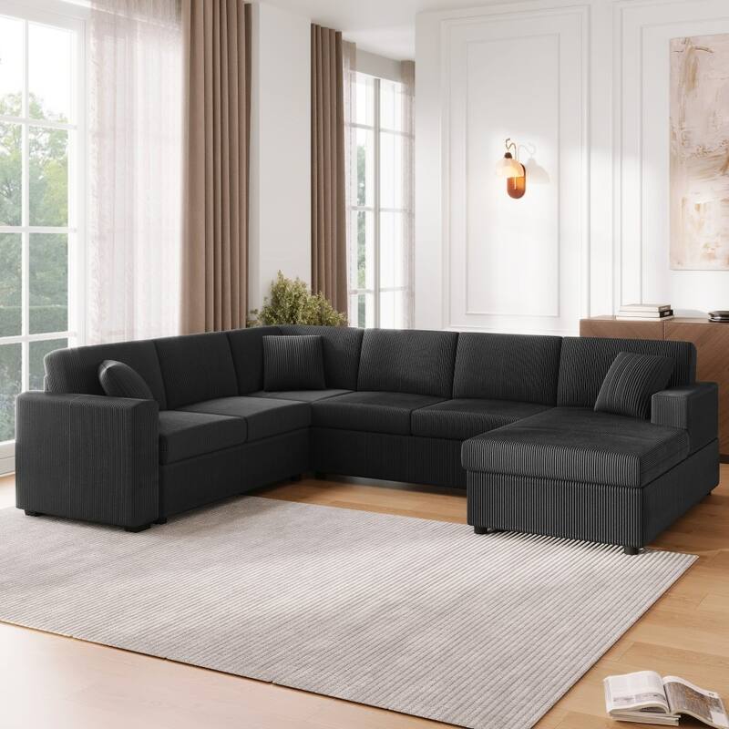 115.3" Oversized Corduroy U-shaped Sectional Sofa with Chaise Lounge and Three Soft Throw Pillows - Black