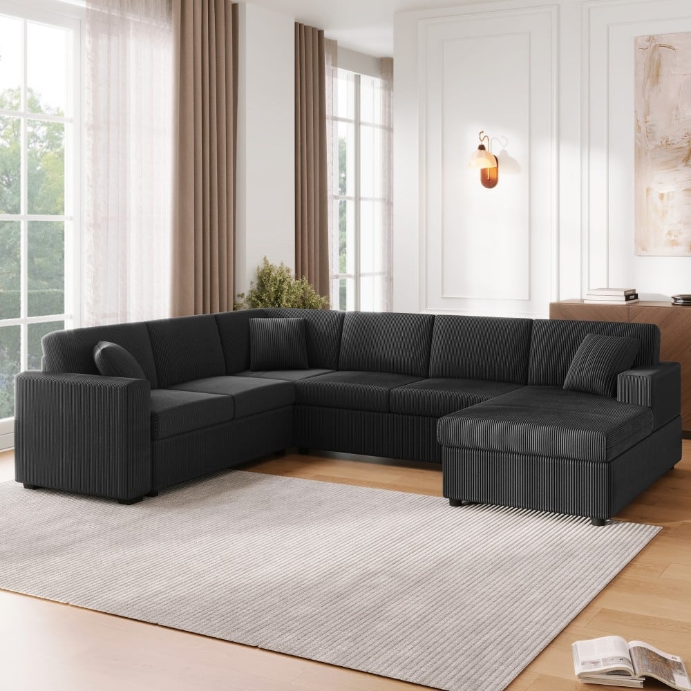 115.3" Oversized Corduroy U-shaped Sectional Sofa with Chaise Lounge and 3 Pillows