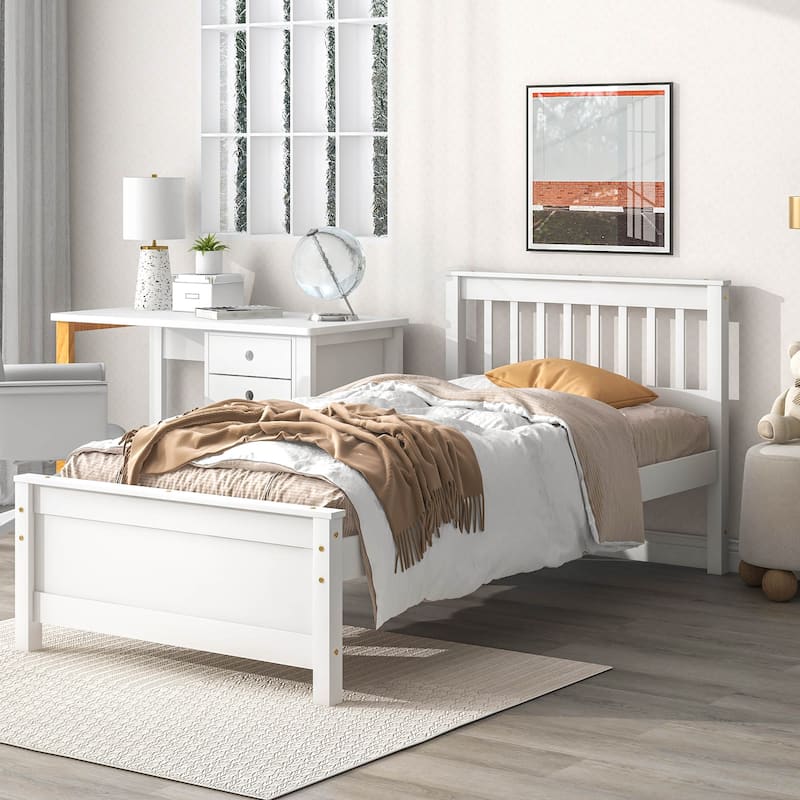 White Pine Wood Twin Size Bed with Slatted Headboard and Footboard, Nightstand Included, No Box Spring Needed