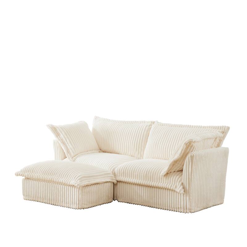 GDFStudio - Slipcovered 2-Seater 83.4" L-Shaped Corduroy Sectional Loveseat Sofa with Ottoman