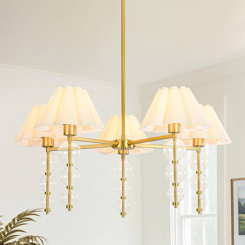 Rennnsan 5-Light 35 in. Transitional Gold Chandelier with Clear Glass Orbs and Fabric Shades - 34.6 in. Dia x 16.1 in. H - 34.6 in. Dia x 16.1 in. H - Gold
