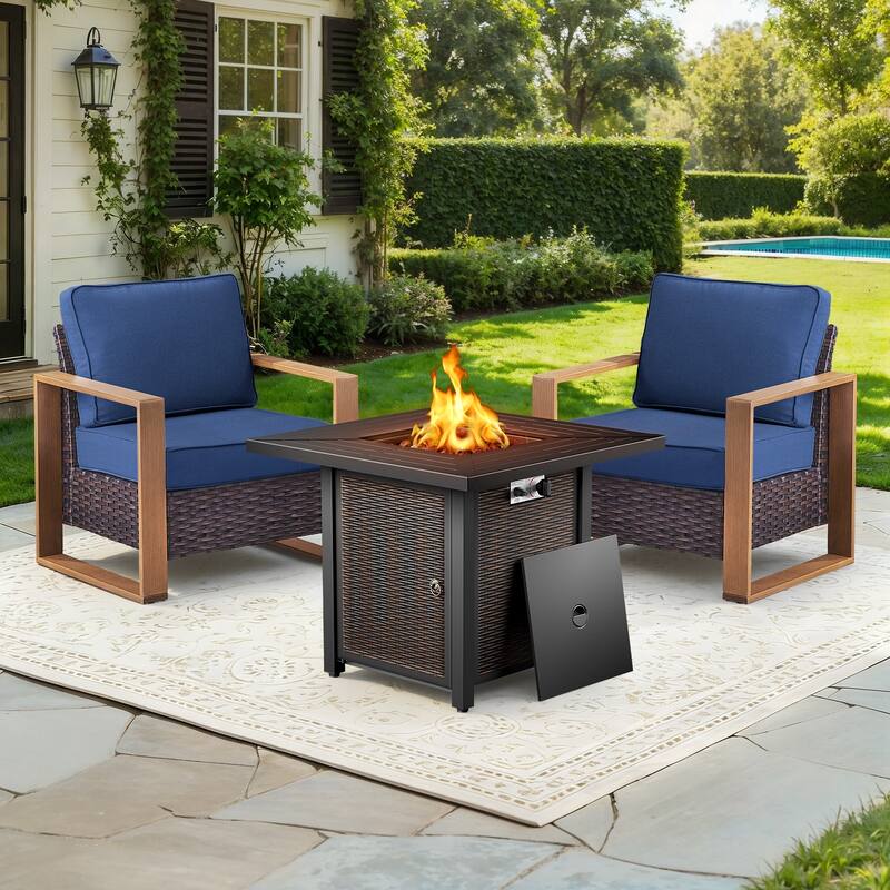 Meyreso 3-Piece Wicker Patio Conversation Set with Metal Fire Pit & Plush 4.5" Olefin Cushions