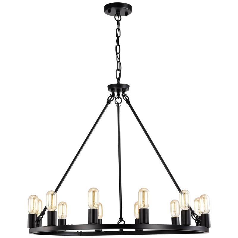 Matte Black 12-Light 35 Inch Round Wagon Wheel Chandelier